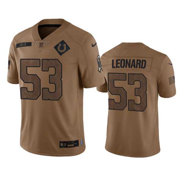 Men's Indianapolis Colts #53 Shaquille Leonard 2023 Brown Salute To Sertvice Limited Football Stitched Jersey Dyin